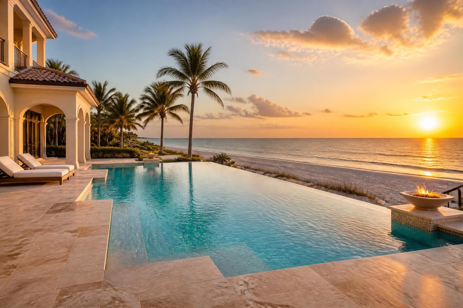 Beachfront Florida infinity pool at golden hour overlooking the Gulf of Mexico