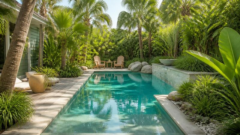 Calm turquoise pool surrounded by lush tropical planting