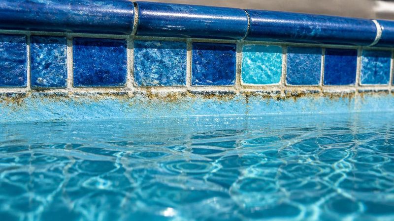 Close-up of pool tile waterline showing mineral staining and scale