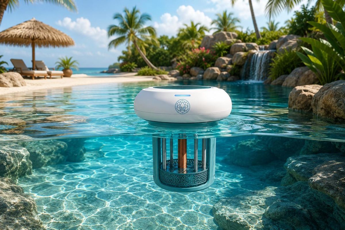 SmartPool Buoy solar-powered copper ionizer floating in a tropical pool, showing the solar top panel above the waterline and the copper ionization chamber below the surface